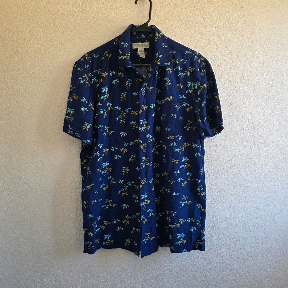 Cooke Street Men Navy Blue Palm Tree Hawaiian Button Down Shirt M Rayon Blend